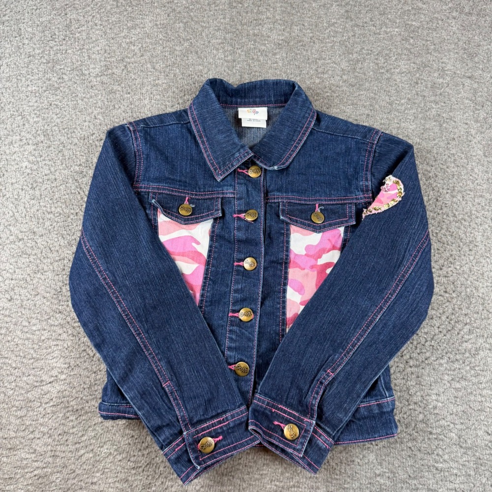 Double Scoop Denim Jacket Girls 7/8 Blue Pink Camo Sequin Heart Trucker Coat